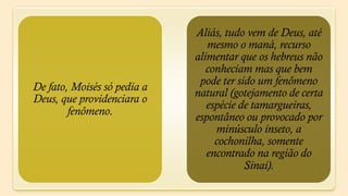 Aliás, tudo vem de Deus, até
                                mesmo o maná, recurso
                             alimentar que os hebreus não
                                conheciam mas que bem
                              pode ter sido um fenômeno
De fato, Moisés só pedia a
                             natural (gotejamento de certa
Deus, que providenciara o
                                espécie de tamargueiras,
        fenômeno.
                             espontâneo ou provocado por
                                  minúsculo inseto, a
                                  cochonilha, somente
                                encontrado na região do
                                         Sinai).
 