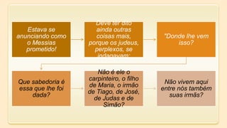 Estava se
anunciando como
o Messias
prometido!
Deve ter dito
ainda outras
coisas mais,
porque os judeus,
perplexos, se
indagavam:
"Donde lhe vem
isso?
Que sabedoria é
essa que lhe foi
dada?
Não é ele o
carpinteiro, o filho
de Maria, o irmão
de Tiago, de José,
de Judas e de
Simão?
Não vivem aqui
entre nós também
suas irmãs?
 