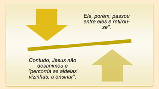 Ele, porém, passou
entre eles e retirou-
se".
Contudo, Jesus não
desanimou e
"percorria as aldeias
vizinhas, a ensinar".
 