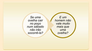 E um
homem não
vale muito
mais que
uma
ovelha?
Se uma
ovelha cair
no poço
num sábado
não irão
socorrê-la?
 
