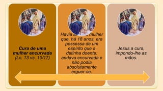 Cura de uma
mulher encurvada
(Lc. 13 vs. 10/17)
Havia ali uma mulher
que, há 18 anos, era
possessa de um
espírito que a
detinha doente:
andava encurvada e
não podia
absolutamente
erguer-se.
Jesus a cura,
impondo-lhe as
mãos.
 