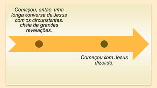 Começou, então, uma
longa conversa de Jesus
com os circunstantes,
cheia de grandes
revelações.
Começou com Jesus
dizendo:
 