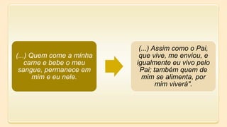 (...) Quem come a minha
carne e bebe o meu
sangue, permanece em
mim e eu nele.
(...) Assim como o Pai,
que vive, me enviou, e
igualmente eu vivo pelo
Pai; também quem de
mim se alimenta, por
mim viverá".
 