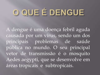 A dengue é uma doença febril aguda
causada por um vírus, sendo um dos
principais problemas de saúde
pública no mundo. O seu principal
vetor de transmissão é o mosquito
Aedes aegypti, que se desenvolve em
áreas tropicais e subtropicais.
 