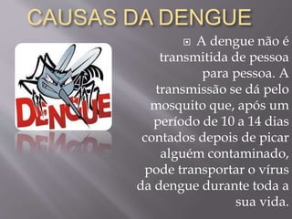 CAUSAS DA DENGUE
 A dengue não é
transmitida de pessoa
para pessoa. A
transmissão se dá pelo
mosquito que, após um
período de 10 a 14 dias
contados depois de picar
alguém contaminado,
pode transportar o vírus
da dengue durante toda a
sua vida.
 