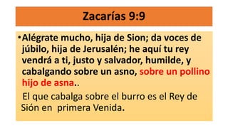 Zacarías 9:9
•Alégrate mucho, hija de Sion; da voces de
júbilo, hija de Jerusalén; he aquí tu rey
vendrá a ti, justo y salvador, humilde, y
cabalgando sobre un asno, sobre un pollino
hijo de asna..
El que cabalga sobre el burro es el Rey de
Sión en primera Venida.
 