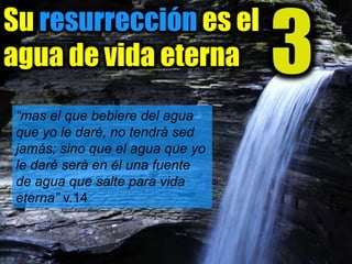 Su resurrección es el
agua de vida eterna
“mas el que bebiere del agua
que yo le daré, no tendrá sed
jamás; sino que el agua que yo
le daré será en él una fuente
de agua que salte para vida
eterna” v.14
3
 