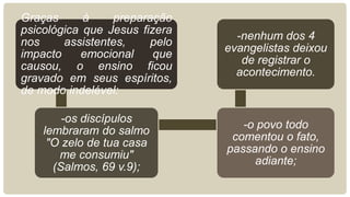 Graças      à    preparação
psicológica que Jesus fizera
                                 -nenhum dos 4
nos     assistentes,    pelo
                               evangelistas deixou
impacto    emocional     que
                                  de registrar o
causou, o ensino ficou
                                 acontecimento.
gravado em seus espíritos,
de modo indelével:

        -os discípulos
                                  -o povo todo
    lembraram do salmo
                                comentou o fato,
     "O zelo de tua casa
                               passando o ensino
       me consumiu"
                                    adiante;
      (Salmos, 69 v.9);
 