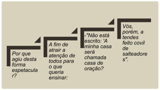 Por que
agiu desta
forma
espetacula
r?
A fim de
atrair a
atenção de
todos para
o que
queria
ensinar:
-"Não está
escrito: 'A
minha casa
será
chamada
casa de
oração?
Vós,
porém, a
tendes
feito covil
de
salteadore
s".
 
