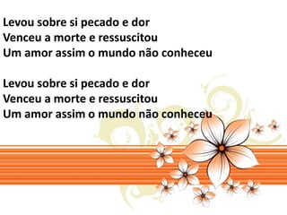 Levou sobre si pecado e dor 
Venceu a morte e ressuscitou 
Um amor assim o mundo não conheceu 
Levou sobre si pecado e dor 
Venceu a morte e ressuscitou 
Um amor assim o mundo não conheceu 
 