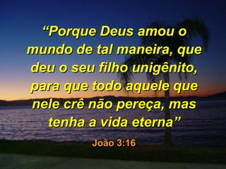 “Porque Deus amou o
mundo de tal maneira, que
deu o seu filho unigênito,
para que todo aquele que
nele crê não pereça, mas
tenha a vida eterna”
João 3:16
 