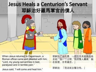When Jesus returned to Capernaum, a
Roman officer came and pleaded with him,
“Lord, my young servant lies in bed,
paralyzed and in terrible pain.”
Jesus said, “I will come and heal him.”
耶穌到了迦百農，一個百夫長前來向祂
求助，說：「主啊，我的僕人癱瘓，躺
在家裡，非常痛苦。」
耶穌說：「我這就去醫治他。」
 