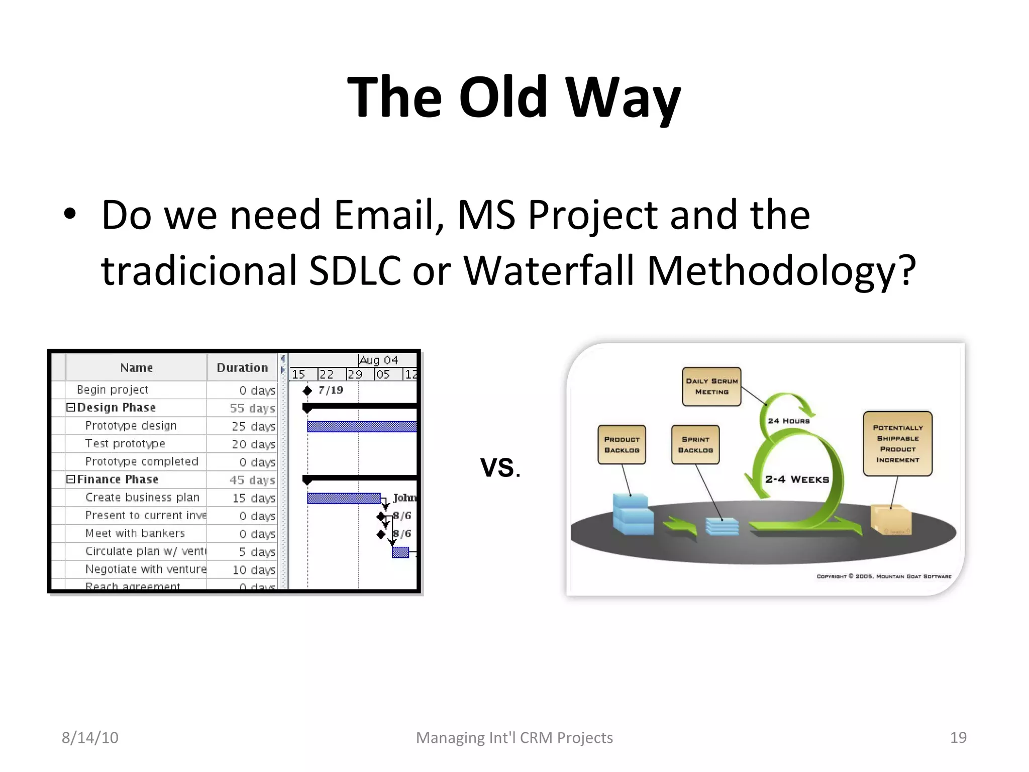 The Old Way Do we need Email, MS Project and the tradicional SDLC or Waterfall Methodology? 8/14/10 Managing Int'l CRM Projects VS . 