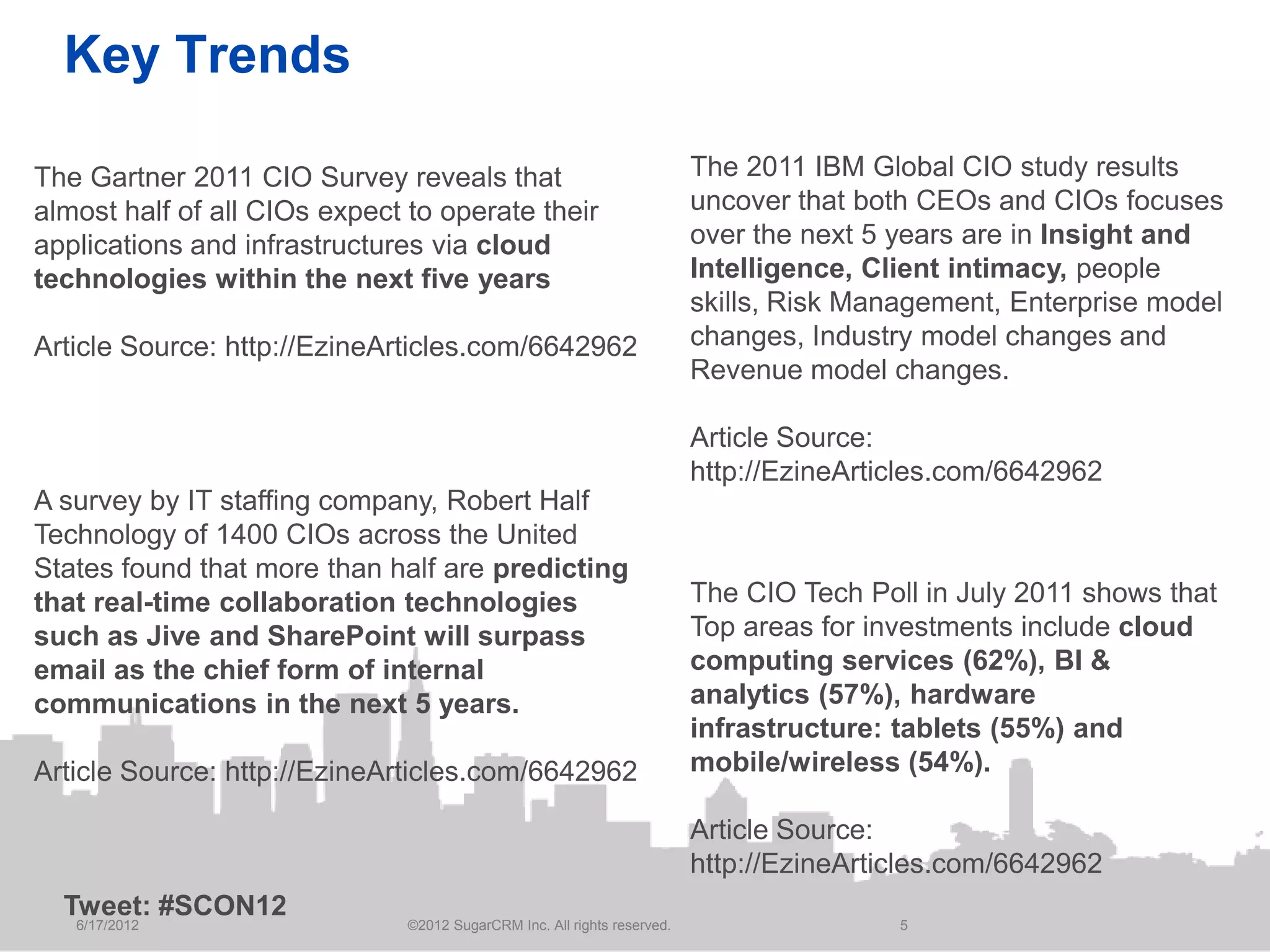 Key Trends

The Gartner 2011 CIO Survey reveals that                                  The 2011 IBM Global CIO study results
almost half of all CIOs expect to operate their                           uncover that both CEOs and CIOs focuses
applications and infrastructures via cloud                                over the next 5 years are in Insight and
technologies within the next five years                                   Intelligence, Client intimacy, people
                                                                          skills, Risk Management, Enterprise model
Article Source: http://EzineArticles.com/6642962                          changes, Industry model changes and
                                                                          Revenue model changes.

                                                                          Article Source:
                                                                          http://EzineArticles.com/6642962
A survey by IT staffing company, Robert Half
Technology of 1400 CIOs across the United
States found that more than half are predicting
that real-time collaboration technologies                                 The CIO Tech Poll in July 2011 shows that
such as Jive and SharePoint will surpass                                  Top areas for investments include cloud
email as the chief form of internal                                       computing services (62%), BI &
communications in the next 5 years.                                       analytics (57%), hardware
                                                                          infrastructure: tablets (55%) and
Article Source: http://EzineArticles.com/6642962                          mobile/wireless (54%).

                                                                          Article Source:
                                                                          http://EzineArticles.com/6642962
  Tweet: #SCON12
   6/17/2012                   ©2012 SugarCRM Inc. All rights reserved.                   5
 