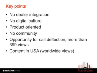 Key points
• No dealer integration
• No digital culture
• Product oriented
• No community
• Opportunity for call deflection, more than
  399 views
• Content in USA (worldwide views)
 
