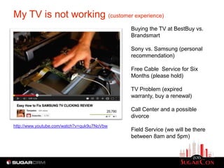 My TV is not working (customer experience)
                                             Buying the TV at BestBuy vs.
                                             Brandsmart

                                             Sony vs. Samsung (personal
                                             recommendation)

                                             Free Cable Service for Six
                                             Months (please hold)

                                             TV Problem (expired
                                             warranty, buy a renewal)

                                             Call Center and a possible
                                             divorce
http://www.youtube.com/watch?v=quk9u7NoVbw
                                             Field Service (we will be there
                                             between 8am and 5pm)
 