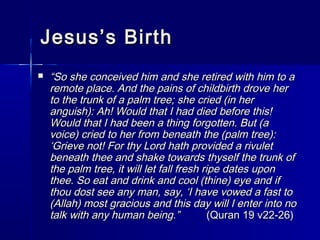 JJeessuuss’’ss BBiirrtthh 
 ““SSoo sshhee ccoonncceeiivveedd hhiimm aanndd sshhee rreettiirreedd wwiitthh hhiimm ttoo aa 
rreemmoottee ppllaaccee.. AAnndd tthhee ppaaiinnss ooff cchhiillddbbiirrtthh ddrroovvee hheerr 
ttoo tthhee ttrruunnkk ooff aa ppaallmm ttrreeee;; sshhee ccrriieedd ((iinn hheerr 
aanngguuiisshh)):: AAhh!! WWoouulldd tthhaatt II hhaadd ddiieedd bbeeffoorree tthhiiss!! 
WWoouulldd tthhaatt II hhaadd bbeeeenn aa tthhiinngg ffoorrggootttteenn.. BBuutt ((aa 
vvooiiccee)) ccrriieedd ttoo hheerr ffrroomm bbeenneeaatthh tthhee ((ppaallmm ttrreeee)):: 
‘‘GGrriieevvee nnoott!! FFoorr tthhyy LLoorrdd hhaatthh pprroovviiddeedd aa rriivvuulleett 
bbeenneeaatthh tthheeee aanndd sshhaakkee ttoowwaarrddss tthhyysseellff tthhee ttrruunnkk ooff 
tthhee ppaallmm ttrreeee,, iitt wwiillll lleett ffaallll ffrreesshh rriippee ddaatteess uuppoonn 
tthheeee.. SSoo eeaatt aanndd ddrriinnkk aanndd ccooooll ((tthhiinnee)) eeyyee aanndd iiff 
tthhoouu ddoosstt sseeee aannyy mmaann,, ssaayy,, ‘‘II hhaavvee vvoowweedd aa ffaasstt ttoo 
((AAllllaahh)) mmoosstt ggrraacciioouuss aanndd tthhiiss ddaayy wwiillll II eenntteerr iinnttoo nnoo 
ttaallkk wwiitthh aannyy hhuummaann bbeeiinngg..”” ((QQuurraann 1199 vv2222--2266)) 
 