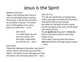 Jesus is the Spirit
John 15:26
“When the Advocate (Counselor, Holy Spirit)
comes, whom I will send to you from the
Father—the Spirit of truth who goes out from
the Father—he will testify about me.” - Jesus
John 16:7-15
“It is for your good that I am going away.
Unless I go away, the Advocate (Counselor,
Holy Spirit) will not come to you.
But when he, the Spirit of truth, comes,
He will not speak on his own; he will speak
only what he hears,
He will glorify me because it is from me
that he will receive what he will make
known to you.
That is why I said the Spirit will receive
from me what he will make known to you.”
- Jesus
John 16:16
“In a little while you will
see me no more, and
then after a little while
you will see me.” - Jesus
Matthew 18:19-20
“Again, truly I tell you that if two of
you on earth agree about anything
they ask for, it will be done for them
by my Father in heaven. For where
two or three gather in my name,
there am I with them.” - Jesus
 