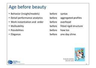 37
Age before beauty
• Behavior (insight/models) before syntax
• Detail performance analytics    before aggregated profiles
• Work instantiation and  order before overhead
• Malleability                             before fitted rigid structure
• Possibilities                                before how tos
• Elegance                                    before one day shine 
El abuelo cebolleta 
ataca de nuevo
 