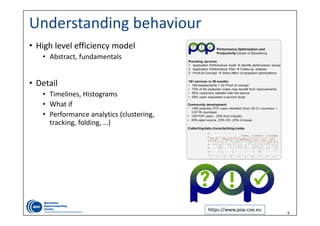 9
Understanding behaviour
• High level efficiency model
• Abstract, fundamentals
• Detail
• Timelines, Histograms
• What if
• Performance analytics (clustering, 
tracking, folding, …)
https://www.pop‐coe.eu
 