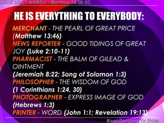 HE IS EVERYTHING TO EVERYBODY:
MERCHANT - THE PEARL OF GREAT PRICE
(Matthew 13:46)
NEWS REPORTER - GOOD TIDINGS OF GREAT
JOY (Luke 2:10-11)
PHARMACIST - THE BALM OF GILEAD &
OINTMENT
(Jeremiah 8:22; Song of Solomon 1:3)
PHILOSOPHER - THE WISDOM OF GOD
(1 Corinthians 1:24, 30)
PHOTOGRAPHER - EXPRESS IMAGE OF GOD
(Hebrews 1:3)
PRINTER - WORD (John 1:1; Revelation 19:13)
 