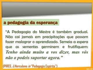 a pedagogia da esperança
“A Pedagogia do Mestre é também gradual.
Não cai jamais em precipitações que possam
fazer malograr o aprendizado. Semeia a espera
que as sementes germinem e frutifiquem:
Tenho ainda muito a vos dizer, mas vós
não o podeis suportar agora.”
(PIRES, J.Herculano in “Pedagogia Espírita”)
 