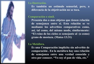 La Ilustración.
Es también un estímulo sensorial, pero, a
diferencia de la objetivación no se toca.
Comparación o símil.
Presenta dos o mas objetos que tienen relación
de semejanza entre sí. Esta relación se ve
mediante los adverbios comparativos como,
así, tal como, del mismo modo, similarmente:
“El reino de los cielos es semejante al (o como)
grano de mostaza. (Mateo 13:31)
La Metáfora.
Es una Comparación implícita sin adverbio de
comparación . En la metáfora hay una relación
de semejanza entre una verdad conocida y
otra por conocer. “Yo soy el pan de vida, etc.”
 