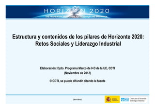 Estructura y contenidos de los pilares de Horizonte 2020:
          Retos Sociales y Liderazgo Industrial



            Elaboración: Dpto. Programa Marco de I+D de la UE, CDTI
                              (Noviembre de 2012)

                   © CDTI, se puede difundir citando la fuente




                                     (30/11/2012)
 