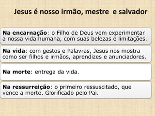 Jesus é nosso irmão, mestre e salvador
Na encarnação: o Filho de Deus vem experimentar
a nossa vida humana, com suas belezas e limitações.
Na vida: com gestos e Palavras, Jesus nos mostra
como ser filhos e irmãos, aprendizes e anunciadores.
Na morte: entrega da vida.
Na ressurreição: o primeiro ressuscitado, que
vence a morte. Glorificado pelo Pai.
 