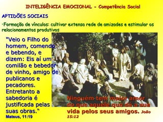 INTELIGÊNCIA EMOCIONAL - Competência Social APTIDÕES SOCIAIS Formação de vínculos: cultivar extensa rede de amizades e estimular os relacionamentos produtivos   "Veio o Filho do homem, comendo e bebendo, e dizem: Eis aí um comilão e bebedor de vinho, amigo de publicanos e pecadores. Entretanto a sabedoria é justificada pelas suas obras.“ Mateus, 11:19 Ninguém tem maior amor do que aquele que dá a sua vida pelos seus amigos.  João 15:12 