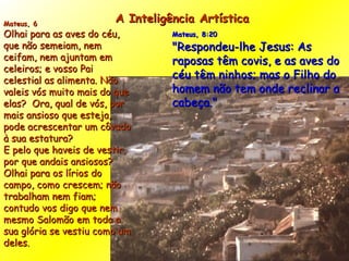 Mateus, 8:20   "Respondeu-lhe Jesus: As raposas têm covis, e as aves do céu têm ninhos; mas o Filho do homem não tem onde reclinar a cabeça." Mateus, 6 Olhai para as aves do céu, que não semeiam, nem ceifam, nem ajuntam em celeiros; e vosso Pai celestial as alimenta. Não valeis vós muito mais do que elas?  Ora, qual de vós, por mais ansioso que esteja, pode acrescentar um côvado à sua estatura? E pelo que haveis de vestir, por que andais ansiosos? Olhai para os lírios do campo, como crescem; não trabalham nem fiam; contudo vos digo que nem mesmo Salomão em toda a sua glória se vestiu como um deles. A Inteligência Artística  
