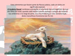Estes elementos que faziam parte da Páscoa judaica, cada um tinha um
significado especial.
O Cordeiro Pascal: Lembrava a proteção, o livramento dos primogênitos da casa
dos filhos de Israel, quando cada família israelita aspergiu o sangue do cordeiro
nas ombreiras e na verga da porta. Era uma lembrança e uma comemoração
deste maravilhoso livramento (ver Êx 12).
 
