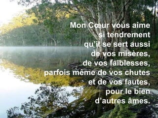  Mon Cœur vous aime si tendrement qu’il se sert aussi de vos misères, de vos faiblesses, parfois même de vos chutes et de vos fautes, pour le bien d’autres âmes. 