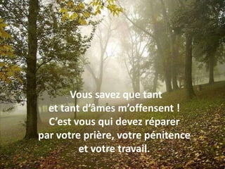 . Vous savez que tant et tant d’âmes m’offensent ! C’est vous qui devez réparer par votre prière, votre pénitence et votre travail. 
