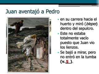 Juan aventajó a Pedro
• en su carrera hacia el
huerto y miró (blepei)
dentro del sepulcro.
• Este no estaba
totalmente vacío
puesto que Juan vio
los lienzos.
• Se bajó a mirar, pero
no entró en la tumba
(v.__).5
 