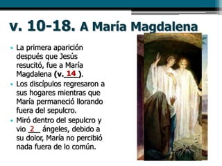 v. 10-18. A María Magdalena
• La primera aparición
después que Jesús
resucitó, fue a María
Magdalena (v.___).
• Los discípulos regresaron a
sus hogares mientras que
María permaneció llorando
fuera del sepulcro.
• Miró dentro del sepulcro y
vio ___ ángeles, debido a
su dolor, María no percibió
nada fuera de lo común.
14
2
 
