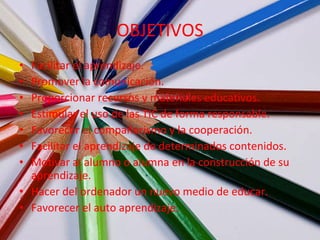 OBJETIVOS Facilitar el aprendizaje. Promover la comunicación. Proporcionar recursos y materiales educativos. Estimular el uso de las TIC de forma responsable. Favorecer el compañerismo y la cooperación. Facilitar el aprendizaje de determinados contenidos. Motivar al alumno o alumna en la construcción de su aprendizaje. Hacer del ordenador un nuevo medio de educar. Favorecer el auto aprendizaje. 
