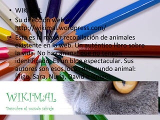 WIKIMAL Su dirección web es: http://wikimal.wordpress.com/ Esta es la mayor recopilación de animales existente en la web. Un auténtico libro sobre la vida. No hay animal que no tengan identificado. Es un blog espectacular. Sus autores son esos locos del mundo animal: Íñigo, Sara, Nuria, David e Ismael. 