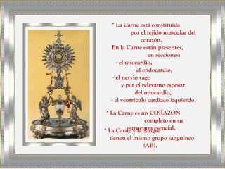 * La Carne está constituida
            por el tejido muscular del
                 corazón.
  En la Carne están presentes,
                    en secciones:
     - el miocardio,
             - el endocardio,
   - el nervio vago
        y por el relevante espesor
              del miocardio,
  - el ventrículo cardiaco izquierdo.

 * La Carne es un CORAZON
                completo en su
         estructura esencial.
* La Carne y la Sangre
  tienen el mismo grupo sanguíneo
               (AB).
 
