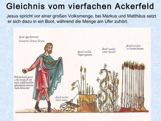Gleichnis vom vierfachen Ackerfeld
Jesus spricht vor einer großen Volksmenge, bei Markus und Matthäus setzt
er sich dazu in ein Boot, während die Menge am Ufer zuhört.
 