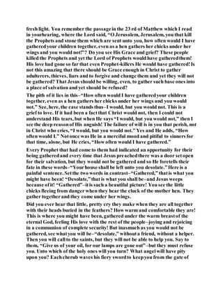 fresh light. You remember the passagein the 23 rd of Matthew which I read
in yourhearing, where the Lord said, “O Jerusalem, Jerusalem, you that kill
the Prophets and stone them which are sent unto you, how often would I have
gatheredyour children together, even as a hen gathers her chicks under her
wings and you would not!”? Do you see His Grace and grief? These people
killed the Prophets and yet the Lord of Prophets would have gatheredthem!
His love had gone so far that even Prophet-killers He would have gathered!Is
not this amazing that there should be Grace enough in Christ to gather
adulterers, thieves, liars and to forgive and change them and yet they will not
be gathered? That Jesus should be willing, even, to gather such base ones into
a place of salvation and yet should be refused?
The pith of it lies in this–“How often would I have gatheredyour children
together, even as a hen gathers her chicks under her wings and you would
not.” See, here, the case stands thus–I would, but you would not. This is a
grief to love. If it had been a factthat Christ would not, then I could not
understand His tears, but when He says “I would, but you would not,” then I
see the deep reasonof His anguish! The failure of will is in you that perish, not
in Christ who cries, “I would, but you would not.” Yes and He adds, “How
often would I.” Notonce was He in a merciful mood and pitiful to sinners for
that time, alone, but He cries, “How often would I have gathered.”
Every Prophet that had come to them had indicated an opportunity for their
being gatheredand every time that Jesus preachedthere was a door setopen
for their salvation, but they would not be gathered and so He foretells their
fate in these words–“Yourhouse shall be left unto you desolate.”Here is a
painful sentence. Setthe two words in contrast–“Gathered,” thatis what you
might have been! “Desolate,”that is what you shall be–and Jesus weeps
because ofit! “Gathered”–itis such a beautiful picture! You see the little
chicks fleeing from danger when they hear the cluck of the mother hen. They
gather togetherand they come under her wings.
Did you ever hear that little, pretty cry they make when they are all together
with their heads buried in the feathers? How warm and comfortable they are!
This is where you might have been, gathered under the warm breastof the
eternal God, feeling His love with the rest of the people–joying and rejoicing
in a communion of complete security! But inasmuch as you would not be
gathered, see whatyou will be–“desolate,” withouta friend, without a helper.
Then you will callto the saints, but they will not be able to help you. Say to
them, “Give us of your oil, for our lamps are gone out”–but they must refuse
you. Unto which of the holy ones will you turn? What angelwill have pity
upon you? Eachcherub waves his fiery swordto keepyou from the gate of
 