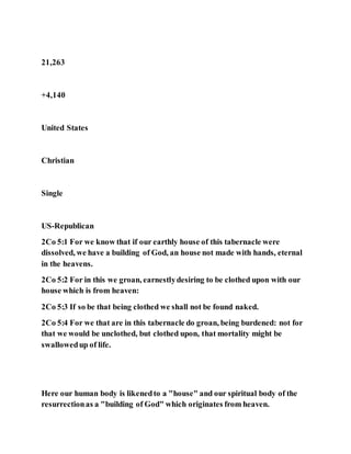 21,263
+4,140
United States
Christian
Single
US-Republican
2Co 5:1 For we know that if our earthly house of this tabernacle were
dissolved, we have a building of God, an house not made with hands, eternal
in the heavens.
2Co 5:2 For in this we groan, earnestlydesiring to be clothed upon with our
house which is from heaven:
2Co 5:3 If so be that being clothed we shall not be found naked.
2Co 5:4 For we that are in this tabernacle do groan, being burdened: not for
that we would be unclothed, but clothed upon, that mortality might be
swallowedup of life.
Here our human body is likenedto a "house" and our spiritual body of the
resurrectionas a "building of God" which originates from heaven.
 