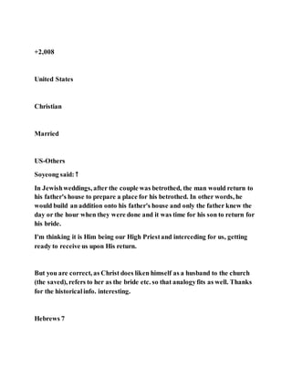 +2,008
United States
Christian
Married
US-Others
Soyeong said: ↑
In Jewishweddings, after the couple was betrothed, the man would return to
his father's house to prepare a place for his betrothed. In other words, he
would build an addition onto his father's house and only the father knew the
day or the hour when they were done and it was time for his son to return for
his bride.
I'm thinking it is Him being our High Priestand interceding for us, getting
ready to receive us upon His return.
But you are correct, as Christ does liken himself as a husband to the church
(the saved), refers to her as the bride etc. so that analogyfits as well. Thanks
for the historicalinfo. interesting.
Hebrews 7
 