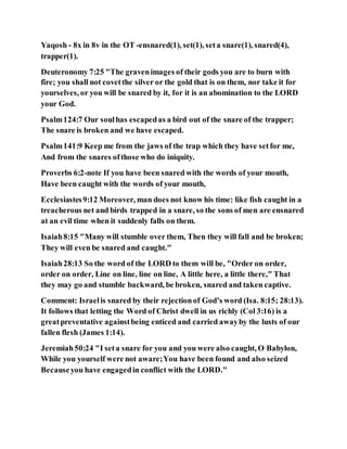Yaqosh - 8x in 8v in the OT -ensnared(1), set(1), seta snare(1), snared(4),
trapper(1).
Deuteronomy 7:25 "The gravenimages of their gods you are to burn with
fire; you shall not covetthe silver or the gold that is on them, nor take it for
yourselves, or you will be snared by it, for it is an abomination to the LORD
your God.
Psalm124:7 Our soulhas escapedas a bird out of the snare of the trapper;
The snare is broken and we have escaped.
Psalm141:9 Keep me from the jaws of the trap which they have setfor me,
And from the snares ofthose who do iniquity.
Proverbs 6:2-note If you have been snared with the words of your mouth,
Have been caught with the words of your mouth,
Ecclesiastes9:12 Moreover, man does not know his time: like fish caught in a
treacherous net and birds trapped in a snare, so the sons of men are ensnared
at an evil time when it suddenly falls on them.
Isaiah8:15 "Many will stumble over them, Then they will fall and be broken;
They will even be snared and caught."
Isaiah28:13 So the word of the LORD to them will be, "Order on order,
order on order, Line on line, line on line, A little here, a little there," That
they may go and stumble backward, be broken, snared and taken captive.
Comment: Israelis snared by their rejectionof God’s word (Isa. 8:15; 28:13).
It follows that letting the Word of Christ dwell in us richly (Col 3:16) is a
greatpreventative againstbeing enticed and carried awayby the lusts of our
fallen flesh (James 1:14).
Jeremiah50:24 "I seta snare for you and you were also caught, O Babylon,
While you yourself were not aware;You have been found and also seized
Becauseyou have engagedin conflict with the LORD."
 