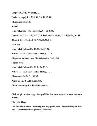 Loops: Ex. 26:5, 10; 36:11, 12.
Taches [clasps]:Ex. 26:6, 11, 33; 36:13, 18.
Cherubim: Ex. 36:8.
Boards:
Material& Size: Ex. 26:15, 16, 29;36:20, 34.
Tenons:Ex. 26:17, 19; 36:22, 24. Sockets:Ex. 26:19, 21, 25;36:24, 26, 30.
Rings & Bars:Ex. 26:24-29;36:29, 31, 34.
First Veil:
Material& Colors:Ex. 26:36; 36:37, 38.
Pillars, Hooks & Sockets:Ex. 26:37; 36:38.
Chapiters [capitals]and Fillets [bands]: Ex. 36:38.
SecondVeil:
Material& Colors:Ex. 26:3l; 36:35, 36.
Pillars, Hooks & Sockets:Ex. 26:32; 36:36.
Cherubim: Ex. 26:31;36:35.
Purpose:Ex. 40:3,21;Num. 4:5.
Oil of Anointing: Ex. 30:22-33;40:9-15.
Click on picture for largerimage (26K). Use your browser's back button to
return.
The Holy Place
The first room of the sanctuary, the holy place, was 15 feet wide by 30 feet
long. It containedthree pieces of furniture.
 