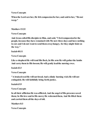 Verse Concepts
When the Lord saw her, He felt compassionfor her, and said to her, "Do not
weep."
Matthew 15:32
Verse Concepts
And Jesus calledHis disciples to Him, and said, "I feelcompassionfor the
people, because they have remained with Me now three days and have nothing
to eat; and I do not want to send them awayhungry, for they might faint on
the way."
Isaiah40:11
Verse Concepts
Like a shepherd He will tend His flock, In His arm He will gatherthe lambs
And carry them in His bosom; He will gently leadthe nursing ewes.
Isaiah42:3
Verse Concepts
"A bruised reed He will not break And a dimly burning wick He will not
extinguish; He will faithfully bring forth justice.
Isaiah63:9
Verse Concepts
In all their affliction He was afflicted, And the angel of His presence saved
them; In His love and in His mercy He redeemedthem, And He lifted them
and carried them all the days of old.
Matthew 8:3
Verse Concepts
 