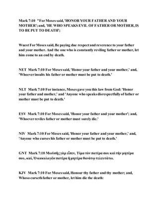 Mark 7:10 "ForMoses said, 'HONOR YOUR FATHER AND YOUR
MOTHER';and, 'HE WHO SPEAKS EVIL OF FATHER OR MOTHER, IS
TO BE PUT TO DEATH';
Wuest ForMoses said, Be paying due respectand reverence to your father
and your mother. And the one who is constantly reviling father or mother, let
him come to an end by death.
NET Mark 7:10 For Mosessaid, 'Honor your father and your mother,' and,
'Whoeverinsults his father or mother must be put to death.'
NLT Mark 7:10 For instance, Mosesgave you this law from God: 'Honor
your father and mother,' and 'Anyone who speaksdisrespectfullyof father or
mother must be put to death.'
ESV Mark 7:10 For Mosessaid, 'Honor your father and your mother'; and,
'Whoeverreviles father or mother must surely die.'
NIV Mark 7:10 ForMoses said, 'Honor your father and your mother,' and,
'Anyone who curses his father or mother must be put to death.'
GNT Mark 7:10 Μωϋσῆς γὰρ εἶπεν, Τίμα τὸν πατέρα σου καὶ τὴν μητέρα
σου, καί, Ὁ κακολογῶνπατέρα ἢ μητέρα θανάτῳ τελευτάτω.
KJV Mark 7:10 For Mosessaid, Honour thy father and thy mother; and,
Whoso cursethfather or mother, let him die the death:
 