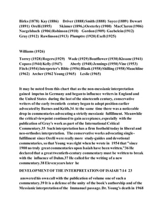 Birks (1878) Kay (1886) Driver (1888)Smith (1888) Sayce (1889) Dewart
(1891) Orelli(1895) Skinner (1896,)Oesterley(1900) MacClaren(1906)
Naegelsbach (1906)Robinson(1910) Gordon(1909) Gaebelein(1912)
Gray (1912) Rawlinson(1913) Plumptre (1920)Exell(1925)
Williams (1926)
Torrey (1928)Rogers(1929) Wade (1929)Boutflower(1930)Kissane (1941)
Copass (1944)Kelly (1947) Aberly (1948)Jennings (1950)Vine (1953)
Fitch (1954)Interpreter's Bible (1956)Blank (1958)Shilling (1958)Mauchline
(1962) Archer (1962 Young (1965) Leslie (1965)
It may be noted from this chart that as the non-messianic interpretation
gained impetus in Germany and beganto influence writers in England and
the United States during the last of the nineteenth century, conservative
writers of the early twentieth century began to adopt position earlier
advocatedby Barnes and Keith.34 At the same time there was a noticeable
drop in commentaries advocating a strictly messianic fulfillment. Meanwhile
the criticalviewpoint continued to gain acceptance,especially with the
publication of Gray's work as part of the International Critical
Commentary.35 Such interpretation has a firm foothold today in liberal and
neo-orthodox interpretation. The conservative works advocating single-
fulfillment since Orelli were really more study-guides and devotional
commentaries, so that Young was right when he wrote in 1954 that "since
1900 no truly greatcommentaries upon Isaiah have been written.”36 He
declaredthat a greattwentieth-century commentary must be written to break
with the influence of Duhm.37 He calledfor the writing of a new
commentary.38 Elevenyears later he
DEVELOPMENTOF THE INTERPRETATION OF ISAIAH 7:14 23
answeredhis owncall with the publication of volume one of such a
commentary.39 It is a defense of the unity of the book's authorship and of the
Messianic interpretationof the Immanuel passage.Dr. Young's death in 1968
 