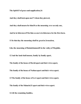 The Spirit15 of grace and supplication,16
And they shall look upon me17 whom they pierced,
And they shall mourn for him18 as the mourning over an only one,
And be in bitterness19 forhim as one is in bitterness for the first-born.
11 In that day the mourning shall be greatin Jerusalem,
Like the mourning of Hadadrimmon20 in the valley of Megiddo.
12 And the land shall mourn, family by family apart,
The family of the house of David apart and their wives apart,
The family of the house of Nathanapart and their wives apart.
13 The family of the house of Levi apart and their wives apart,
The family of the Shimeite21 apart and their wives apart.
14 All the remaining families,
 