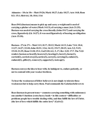 Adunatos - 10x in 10v - Matt 19:26;Mark 10:27;Luke 18:27; Acts 14:8; Rom
8:3; 15:1; Heb 6:4, 18; 10:4; 11:6
Bear(941)(bastazo)means to pick up and carry a weightand is used of
carrying a pitcher of water(Mark 14:13), of carrying a man (Acts 21:35).
Bastazo was usedof carrying the cross literally (John 19:17)and carrying the
cross, figuratively (Lk 14:27). It was used figuratively of bearing an obligation
(Acts 15:10).
Bastazo - 27xin 27v- Matt 3:11; 8:17; 20:12;Mark 14:13; Luke 7:14; 10:4;
11:27;14:27; 22:10;John 10:31; 12:6; 16:12; 19:17;20:15;Acts 3:2; 9:15;
15:10;21:35; Rom 11:18;15:1; Gal5:10; 6:2, 5, 17; Rev 2:2f; 17:7. The NAS
renders bastazo as bear(8), bearers(1), bearing(1), bore(1), borne(1),
carried(2), carried away(2),carries(1), carry(2), carrying(2), endure(1),
endured(1), pilfer(1), remove(1), supports(1), took up(1).
Bastazo conveys the idea to bear with, be indulgent to, endure patiently, or
not to contend with your weakerbrethren.
To bear the weaknessesoffellow believers is not simply to tolerate those
weaknessesbut to help carry them. Paul commands the Galatianbelievers to
Bear(bastazo in present tense = connotes carrying something with endurance)
one another's burdens (extra heavy loads = in this context = difficulties or
problems people have trouble dealing with), and thus fulfill the law of Christ.
(the law of love which fulfills the entire law)" (Gal 6:2)
 